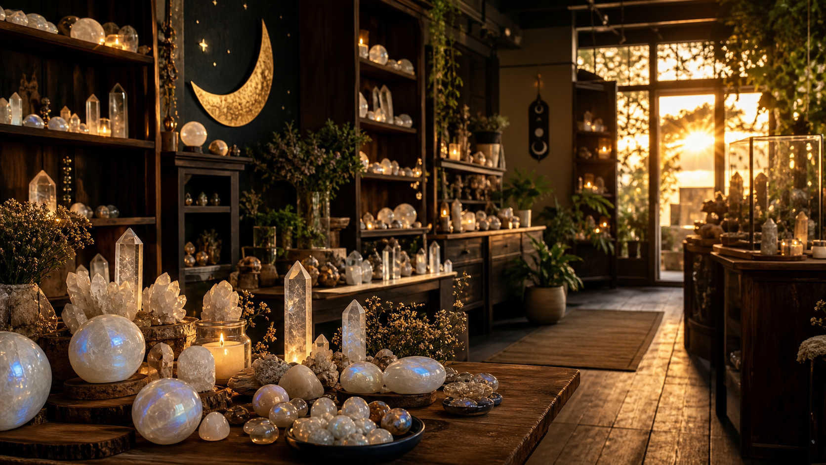 A warm crystal shop interior with moonstone displays, candlelight, and lunar accents.