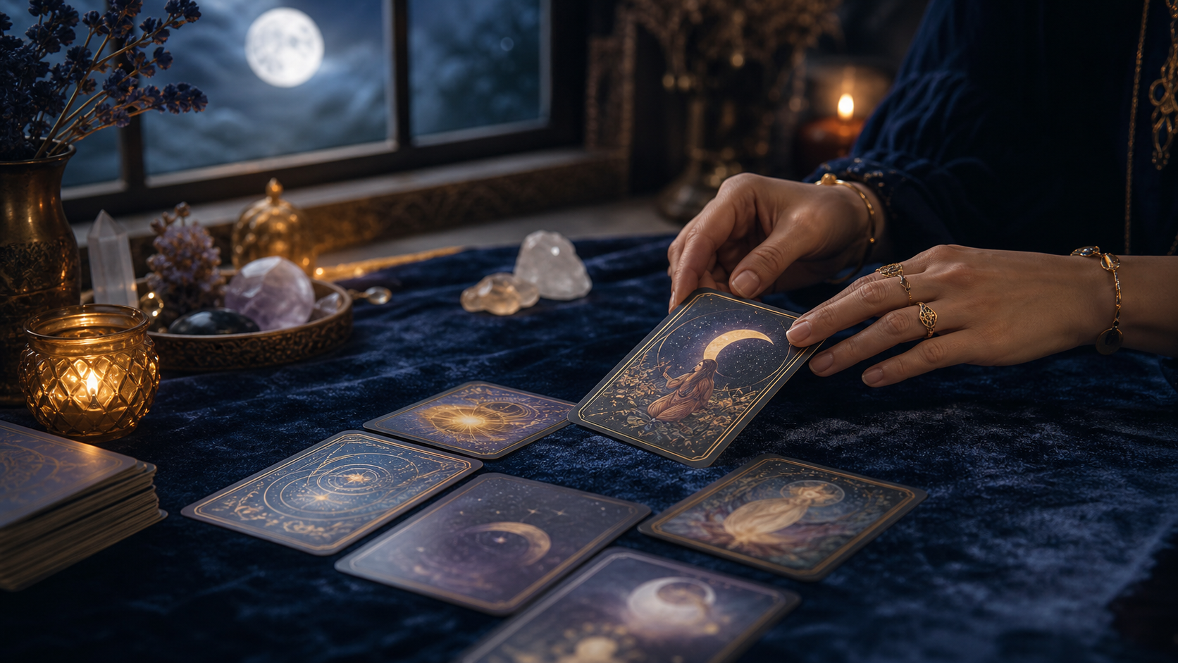 An oracle reading setup with cards, crystals, candlelight, and moonlight.