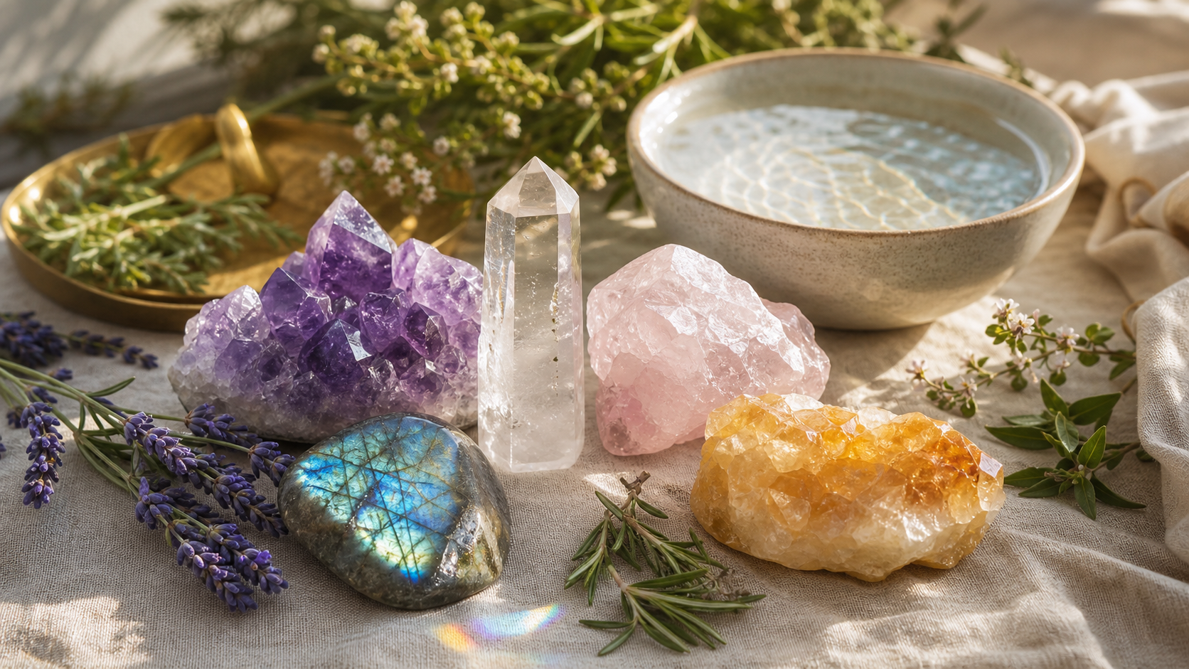 A luminous collection of crystals arranged with herbs, linen, and soft morning light.