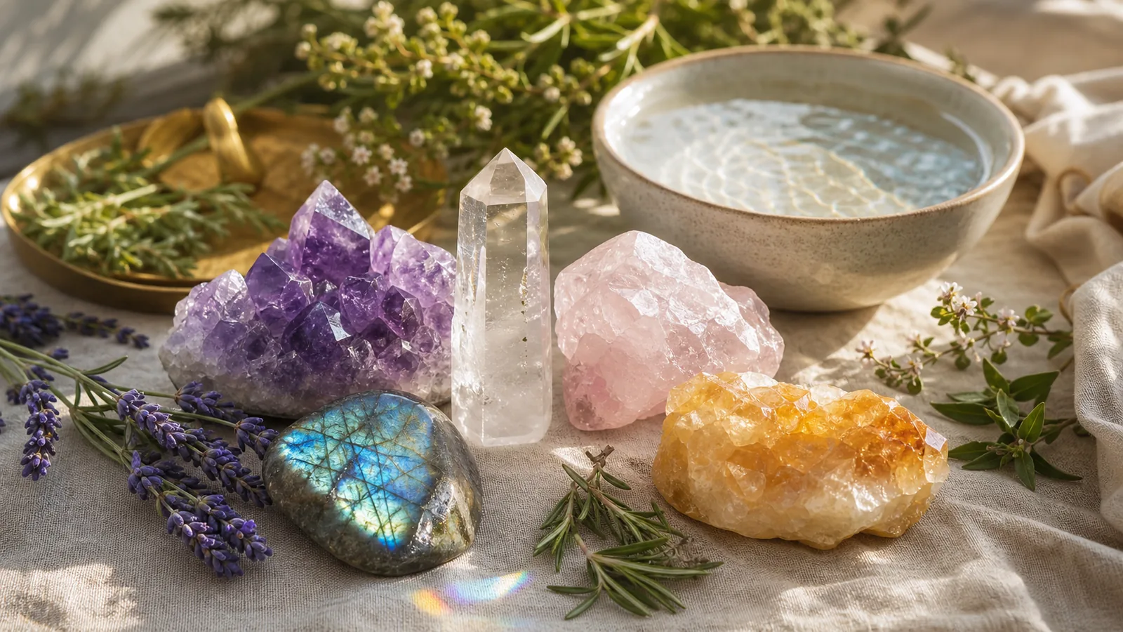 A luminous collection of crystals arranged with herbs, linen, and soft morning light.